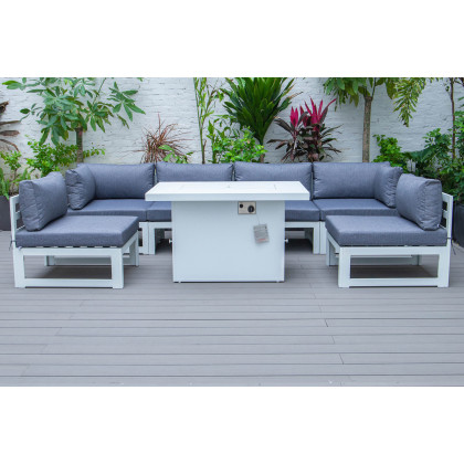 LeisureMod Chelsea 7-Piece Patio Sectional and Fire Pit Table In White Aluminum with Cushions - Blue