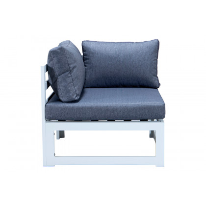 LeisureMod Chelsea 7-Piece Patio Sectional and Fire Pit Table In White Aluminum with Cushions - Blue