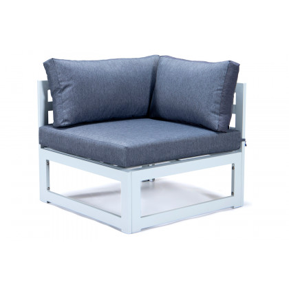 LeisureMod Chelsea 7-Piece Patio Sectional and Fire Pit Table In White Aluminum with Cushions - Blue