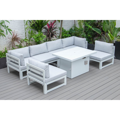 LeisureMod Chelsea 7-Piece Patio Sectional and Fire Pit Table In White Aluminum with Cushions - Light Gray