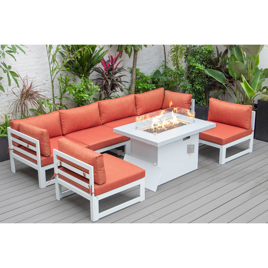 LeisureMod Chelsea 7-Piece Patio Sectional and Fire Pit Table In White Aluminum with Cushions - Orange
