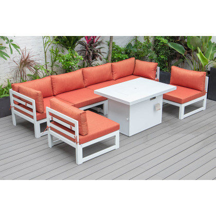 LeisureMod Chelsea 7-Piece Patio Sectional and Fire Pit Table In White Aluminum with Cushions - Orange