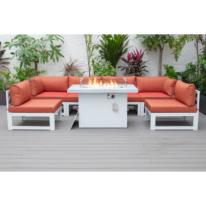 LeisureMod Chelsea 7-Piece Patio Sectional and Fire Pit Table In White Aluminum with Cushions - Orange
