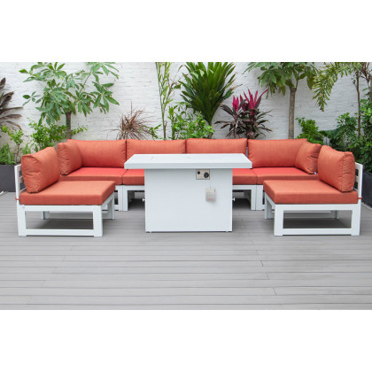 LeisureMod Chelsea 7-Piece Patio Sectional and Fire Pit Table In White Aluminum with Cushions - Orange