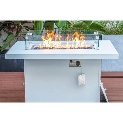 LeisureMod Chelsea 7-Piece Patio Sectional and Fire Pit Table In White Aluminum with Cushions - Orange