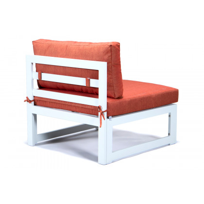 LeisureMod Chelsea 7-Piece Patio Sectional and Fire Pit Table In White Aluminum with Cushions - Orange