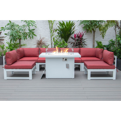 LeisureMod Chelsea 7-Piece Patio Sectional and Fire Pit Table In White Aluminum with Cushions - Red