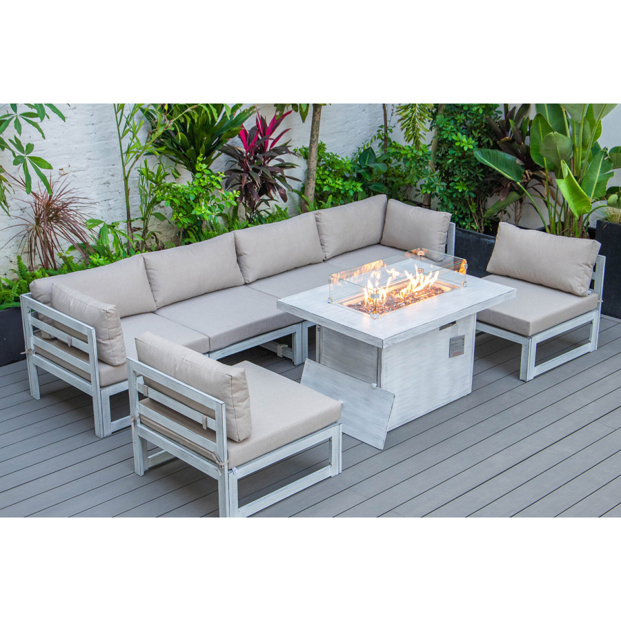 LeisureMod Chelsea 7-Piece Patio Sectional and Fire Pit Table In Weathered Gray Aluminum with Cushions - Beige