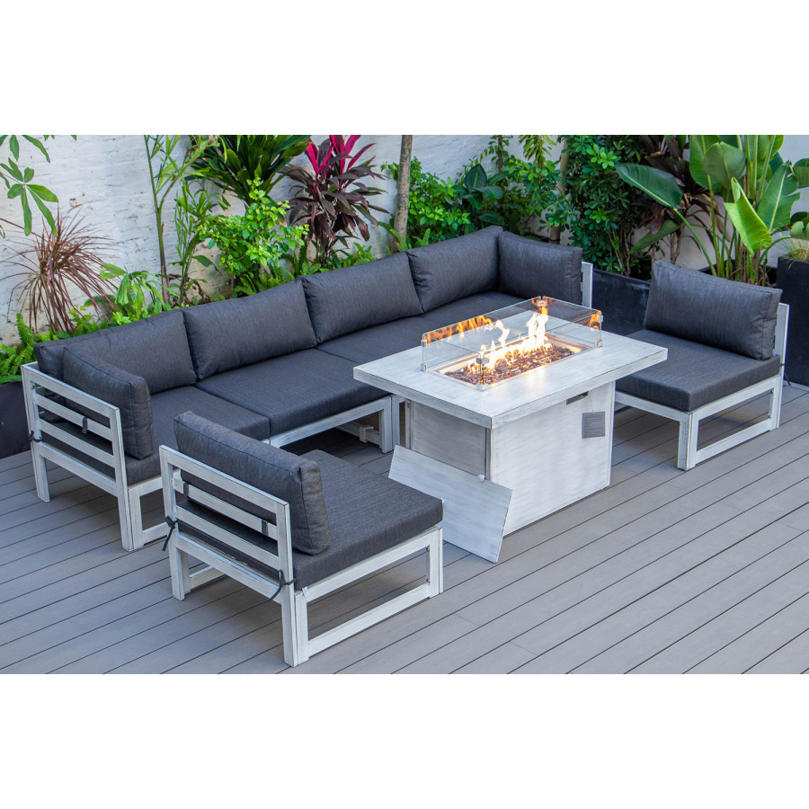 LeisureMod Chelsea 7-Piece Patio Sectional and Fire Pit Table In Weathered Gray Aluminum with Cushions - Black