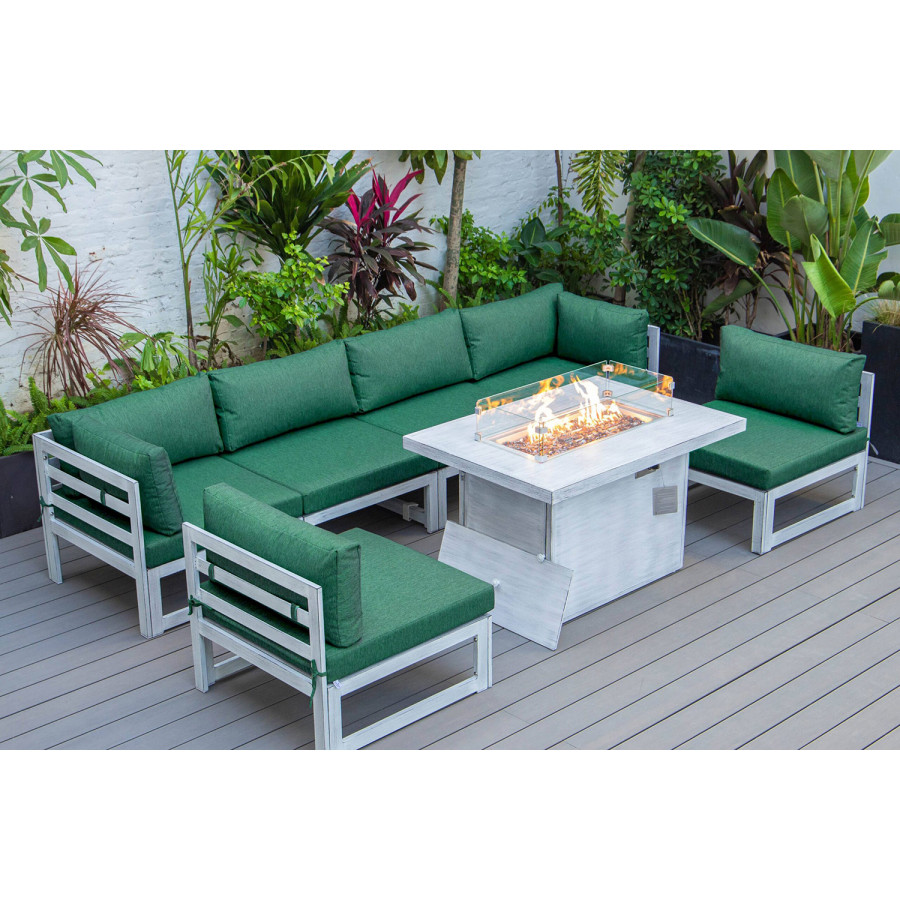 LeisureMod Chelsea 7-Piece Patio Sectional and Fire Pit Table In Weathered Gray Aluminum with Cushions - Green