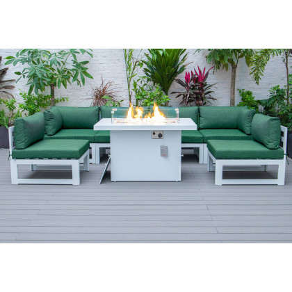 LeisureMod Chelsea 7-Piece Patio Sectional and Fire Pit Table In Weathered Gray Aluminum with Cushions - Green