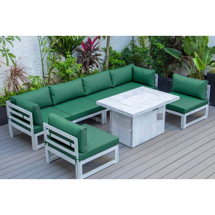 LeisureMod Chelsea 7-Piece Patio Sectional and Fire Pit Table In Weathered Gray Aluminum with Cushions - Green