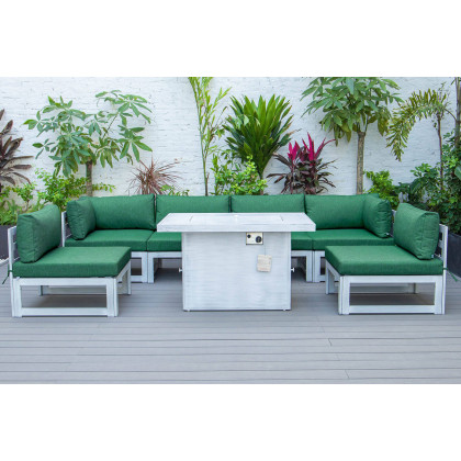 LeisureMod Chelsea 7-Piece Patio Sectional and Fire Pit Table In Weathered Gray Aluminum with Cushions - Green
