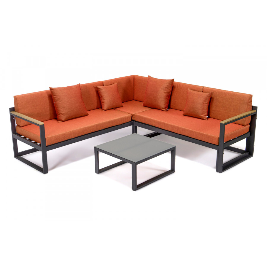 LeisureMod Chelsea Black Sectional with Adjustable Headrest and Coffee Table with Cushions - Orange