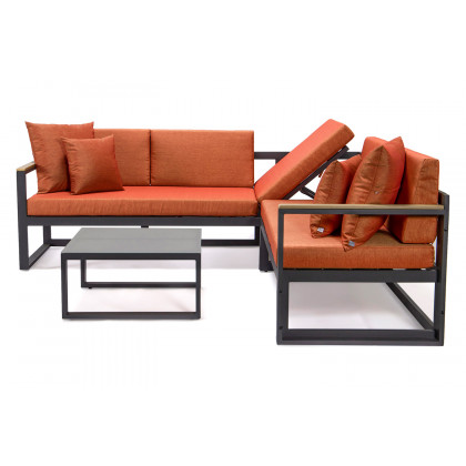 LeisureMod Chelsea Black Sectional with Adjustable Headrest and Coffee Table with Cushions - Orange
