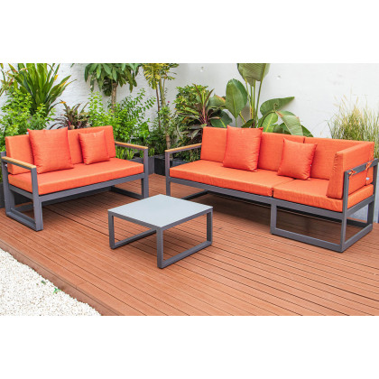 LeisureMod Chelsea Black Sectional with Adjustable Headrest and Coffee Table with Cushions - Orange