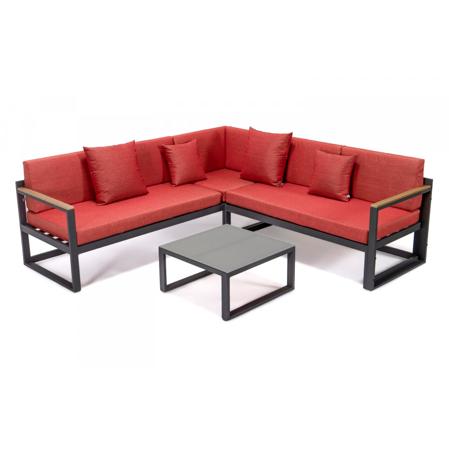 LeisureMod Chelsea Black Sectional with Adjustable Headrest and Coffee Table with Cushions - Red