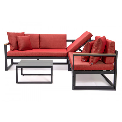 LeisureMod Chelsea Black Sectional with Adjustable Headrest and Coffee Table with Cushions - Red