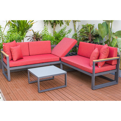 LeisureMod Chelsea Black Sectional with Adjustable Headrest and Coffee Table with Cushions - Red