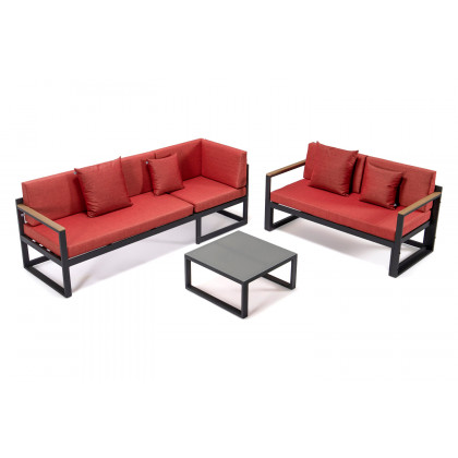 LeisureMod Chelsea Black Sectional with Adjustable Headrest and Coffee Table with Cushions - Red