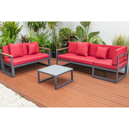 LeisureMod Chelsea Black Sectional with Adjustable Headrest and Coffee Table with Cushions - Red