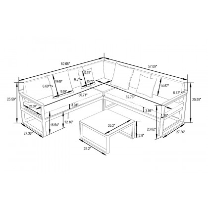 LeisureMod Chelsea Black Sectional with Adjustable Headrest and Coffee Table with Two Tone Cushions - Red
