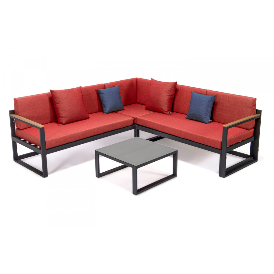 LeisureMod Chelsea Black Sectional with Adjustable Headrest and Coffee Table with Two Tone Cushions - Red