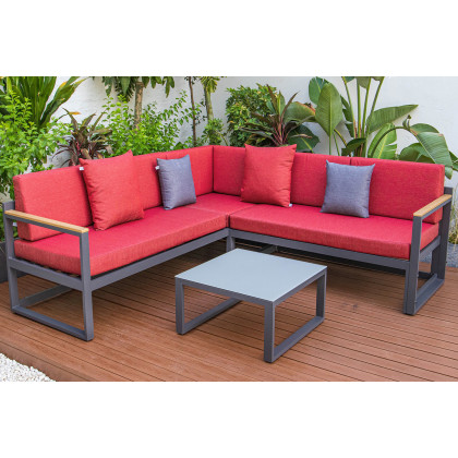 LeisureMod Chelsea Black Sectional with Adjustable Headrest and Coffee Table with Two Tone Cushions - Red