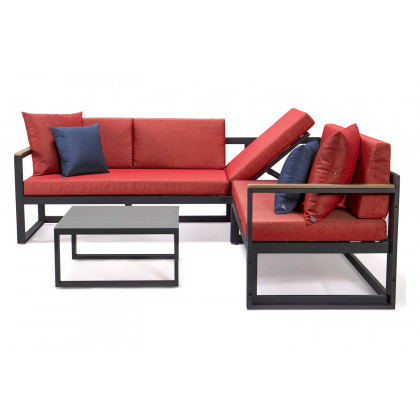 LeisureMod Chelsea Black Sectional with Adjustable Headrest and Coffee Table with Two Tone Cushions - Red