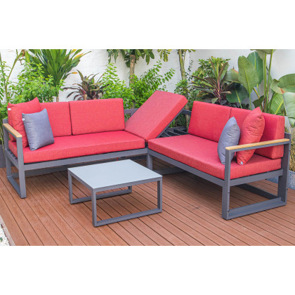 LeisureMod Chelsea Black Sectional with Adjustable Headrest and Coffee Table with Two Tone Cushions - Red