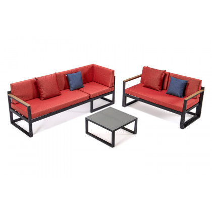 LeisureMod Chelsea Black Sectional with Adjustable Headrest and Coffee Table with Two Tone Cushions - Red