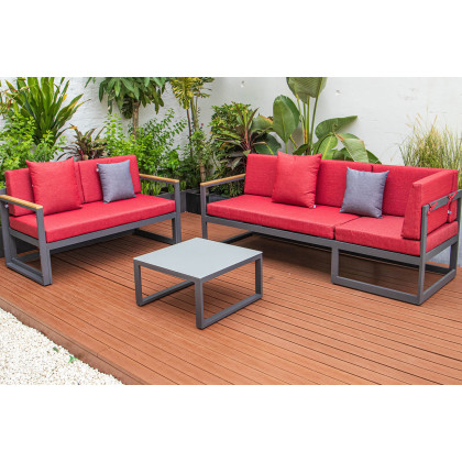 LeisureMod Chelsea Black Sectional with Adjustable Headrest and Coffee Table with Two Tone Cushions - Red