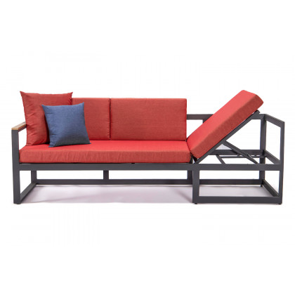 LeisureMod Chelsea Black Sectional with Adjustable Headrest and Coffee Table with Two Tone Cushions - Red