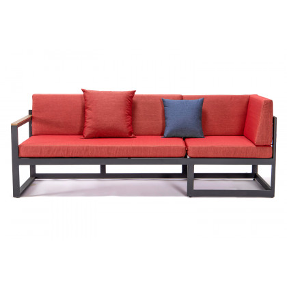 LeisureMod Chelsea Black Sectional with Adjustable Headrest and Coffee Table with Two Tone Cushions - Red