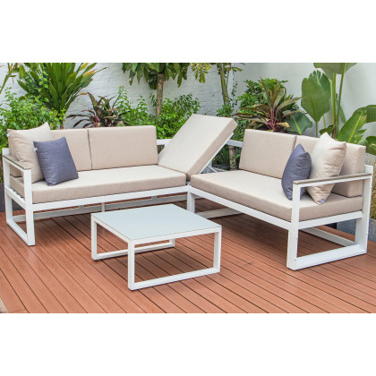 LeisureMod Chelsea White Sectional with Adjustable Headrest and Coffee Table with Two Tone Cushions - Beige