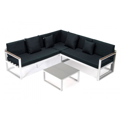 LeisureMod - Chelsea White Sectional with Adjustable Headrest and Coffee Table with Cushions