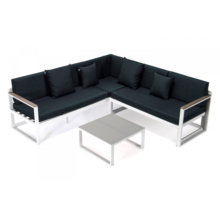 LeisureMod Chelsea White Sectional with Adjustable Headrest and Coffee Table with Cushions - Black