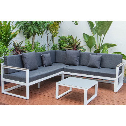 LeisureMod Chelsea White Sectional with Adjustable Headrest and Coffee Table with Cushions - Black