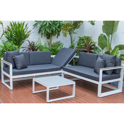 LeisureMod Chelsea White Sectional with Adjustable Headrest and Coffee Table with Cushions - Black