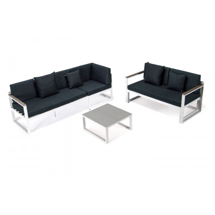 LeisureMod Chelsea White Sectional with Adjustable Headrest and Coffee Table with Cushions - Black
