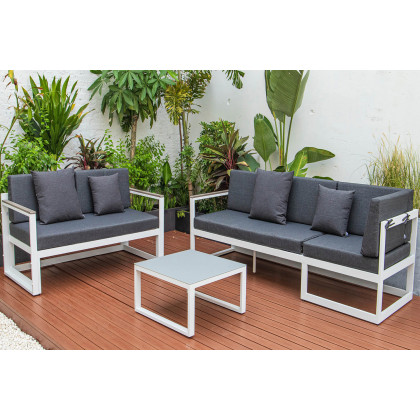 LeisureMod Chelsea White Sectional with Adjustable Headrest and Coffee Table with Cushions - Black