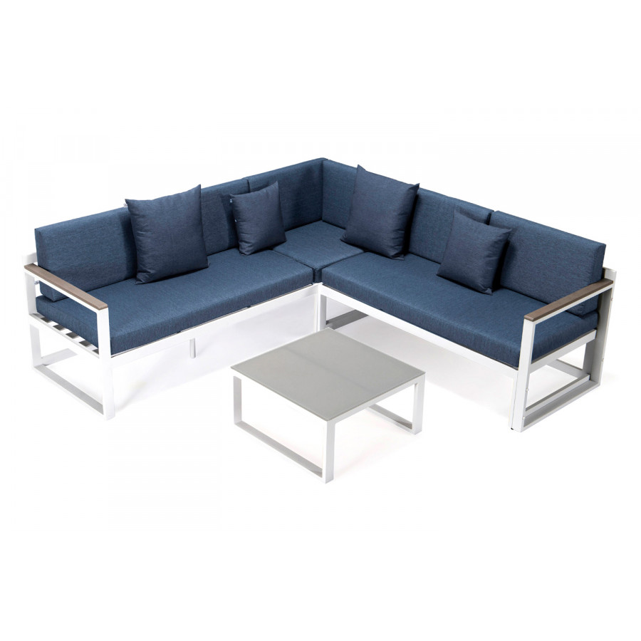 LeisureMod Chelsea White Sectional with Adjustable Headrest and Coffee Table with Cushions - Blue