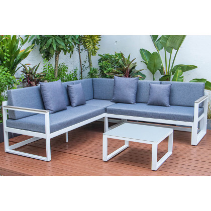 LeisureMod Chelsea White Sectional with Adjustable Headrest and Coffee Table with Cushions - Blue