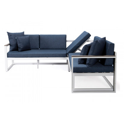 LeisureMod Chelsea White Sectional with Adjustable Headrest and Coffee Table with Cushions - Blue
