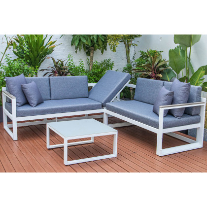LeisureMod Chelsea White Sectional with Adjustable Headrest and Coffee Table with Cushions - Blue