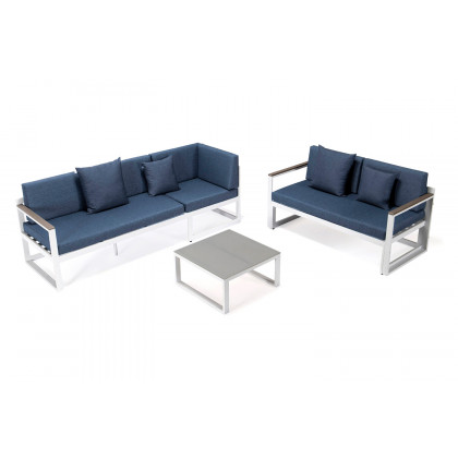 LeisureMod Chelsea White Sectional with Adjustable Headrest and Coffee Table with Cushions - Blue