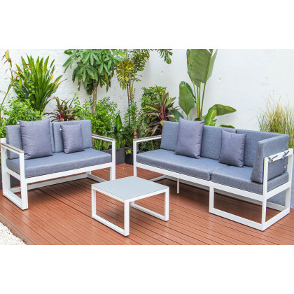 LeisureMod Chelsea White Sectional with Adjustable Headrest and Coffee Table with Cushions - Blue