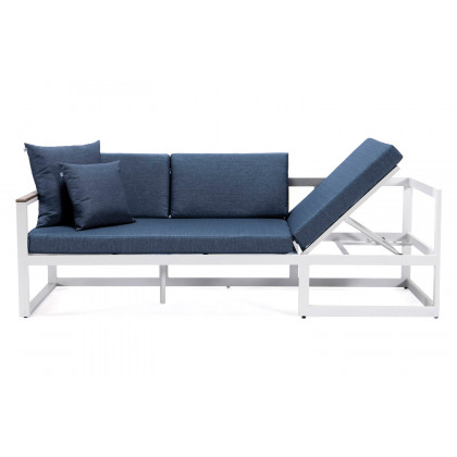 LeisureMod Chelsea White Sectional with Adjustable Headrest and Coffee Table with Cushions - Blue
