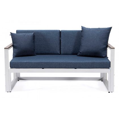 LeisureMod Chelsea White Sectional with Adjustable Headrest and Coffee Table with Cushions - Blue