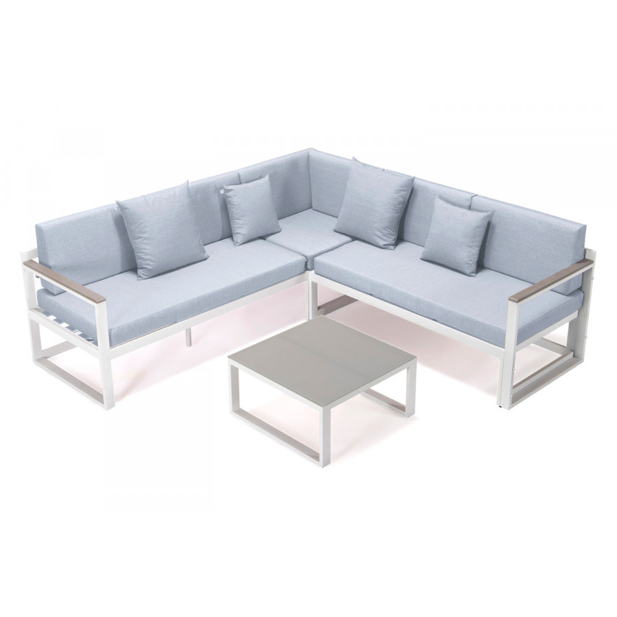 LeisureMod Chelsea White Sectional with Adjustable Headrest and Coffee Table with Cushions - Light Gray